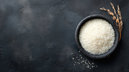 This image showcases a bowl of white rice accompanied by grains, set against a dark background, ideal for food and recipe presentations.の素材