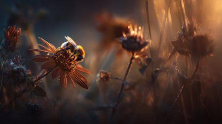 A stunning close-up captures a bumblebee delicately perched on a flower petal, enveloped in warm light, showcasing nature's beauty and tranquility.の素材