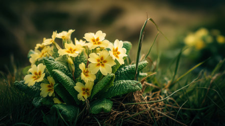 A captivating close-up of yellow primrose flowers thriving in lush green grass, illuminated by gentle sunlight, showcasing nature's beauty and tranquility.の素材