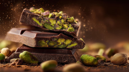 Enjoy the decadence of rich dark chocolate bars combined with crunchy pistachio nuts, perfect for gourmet treats and indulgent snacking.の素材