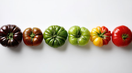 A vibrant array of heirloom tomatoes in various colors and shapes, arranged neatly against a clean white background to highlight their unique textures.の素材