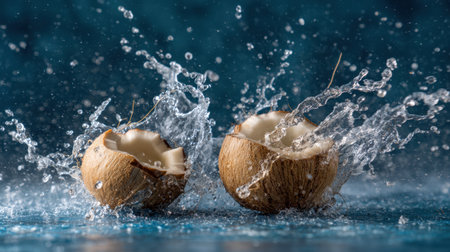 Two coconut halves create a stunning splash in a pool of water, enhancing the vibrant blue backdrop. This dynamic scene evokes tropical freshness, ideal for food and drink visuals.の素材