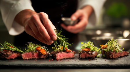 A skilled chef delicately garnishes a gourmet steak dish with fresh herbs and vegetables, showcasing culinary artistry and precision in a modern kitchen.の素材
