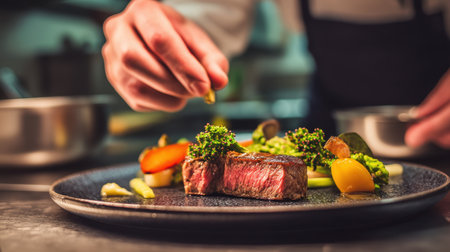 A chef skillfully prepares a gourmet beef steak in a restaurant kitchen, beautifully garnishing it with fresh vegetables for an exquisite dining experience.の素材