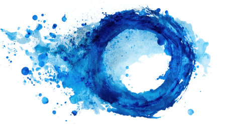 A vibrant and artistic blue watercolor splash featuring a circular shape, perfect for creative design projects and aesthetic backgrounds.の素材