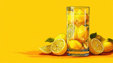 A vibrant composition featuring a glass filled with fresh lemons and lemonade against a sunny yellow background, perfect for summer themes.の素材