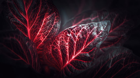 Discover the stunning beauty of leaves depicted with intricate red veins against a dark backdrop. This captivating image highlights nature's artistry in vivid detail.の素材