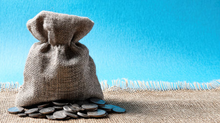 A rustic burlap bag filled with coins rests on a textured surface, symbolizing wealth and financial independence. This image represents economic success.の素材