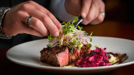 A beautifully plated gourmet steak dish garnished with fresh microgreens and accompanied by a colorful side salad, ideal for fine dining.の素材