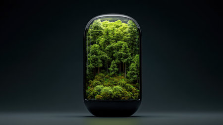 This captivating image features a modern capsule showcasing a lush forest within, blending nature and innovation. Ideal for designs emphasizing tranquility and eco-friendly decor.の素材