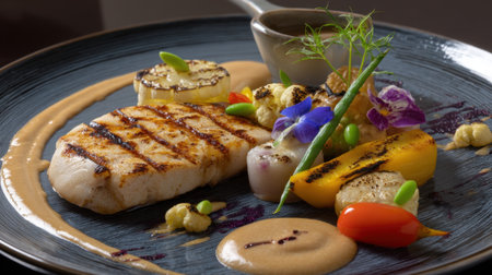 Savor the exquisite presentation of a grilled fish fillet paired with vibrant vegetables and a flavorful sauce, perfect for fine dining visuals.の素材