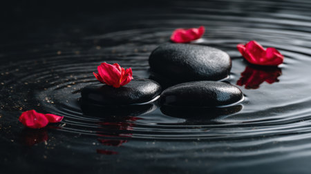 This image captures smooth black stones gently resting on tranquil water, adorned with vibrant petals, creating a calming atmosphere ideal for wellness and relaxation themes.の素材