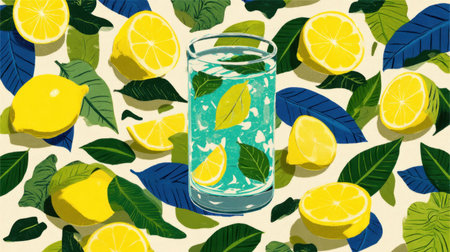 A vibrant illustration featuring a glass of refreshing lemonade surrounded by fresh lemon slices and green leaves, perfect for summer-themed designs.の素材