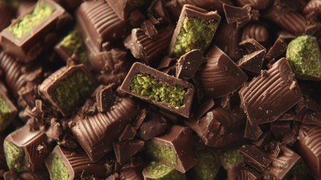 A close-up view of chopped chocolate pieces with a green filling, displaying a stunning color contrast, ideal for dessert concepts and culinary uses.の素材