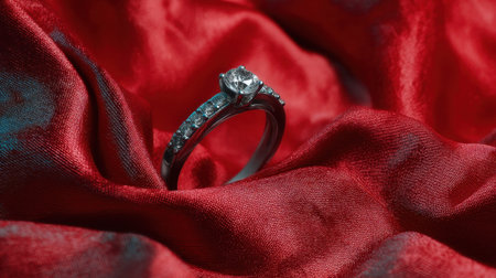 This captivating image showcases a brilliant diamond engagement ring resting elegantly on luxurious red satin fabric. The details highlight and symbolize love and commitment, making it perfect for romantic themes.の素材