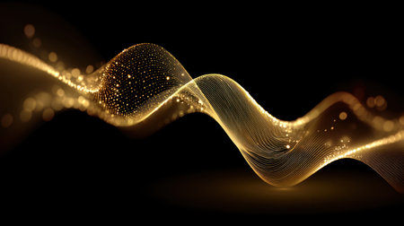 This captivating image features smooth golden waves of light flowing through a dark background. Perfect for abstract designs, artistic concepts, and modern decorations.の素材