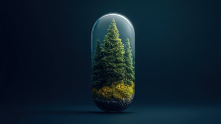 This artistic representation features a miniature forest enclosed within a transparent capsule, symbolizing the intersection of nature and innovation.の素材