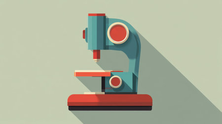 A vibrant and stylized illustration of a microscope, showcasing a retro aesthetic with a flat design and long shadow effect, ideal for educational themes.の素材