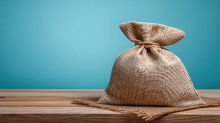 A rustic burlap sack sits on a wooden table against a calming blue background, perfect for concepts related to home decor, storage, or crafts.の素材