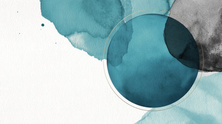 This abstract watercolor background features elegant circular elements in soothing teal and gray tones, perfect for creative projects or presentations.の素材