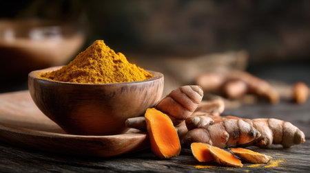 This image showcases fresh turmeric root beside ground turmeric powder in a wooden bowl, emphasizing vibrant colors and natural textures, perfect for culinary and wellness themes.の素材