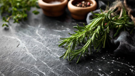 A beautiful arrangement of fresh rosemary alongside spice bowls sits on a dark marble surface, perfect for culinary inspiration and vibrant food photography.の素材