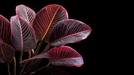 Explore the beauty of nature with this vivid close-up of colorful tropical leaves showcasing intricate veining against a dark background.の素材