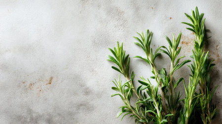 This image showcases fresh green herbs against a textured gray background, perfect for culinary themes and natural lifestyle representations.の素材