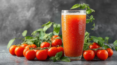 This image captures a vibrant glass of tomato beverage, surrounded by fresh tomatoes and green herbs, offering a refreshing and healthy drink option.の素材