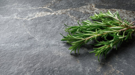 This image features a fresh rosemary sprig against a dark stone surface, capturing natural lighting that enhances its vibrant green color. Ideal for food and wellness themes.の素材