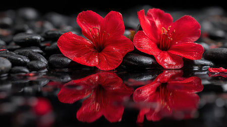 This image features two vibrant red tropical flowers resting on black wet stones, creating a serene and calming atmosphere with beautiful reflections.の素材
