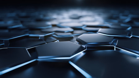 This image features a close-up view of a blue hexagonal surface with reflective edges, offering a modern and abstract aesthetic ideal for design or technology themes.の素材