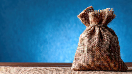 A rustic burlap sack rests on a wooden table surface against a textured blue background, ideal for showcasing packaging ideas or rustic decor.の素材