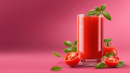 A vibrant glass of refreshing tomato juice garnished with fresh basil leaves, perfect for summer hydration and healthy living.の素材