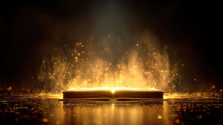 A captivating open book emits a warm golden light surrounded by a sea of shimmering dust, creating a magical and enchanting atmosphere.の素材