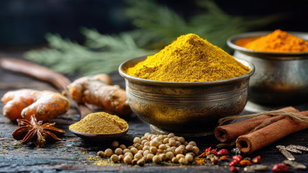 A stunning arrangement of vibrant spices in traditional bowls, featuring turmeric, ginger, and cinnamon, set on rustic wood. Perfect for culinary art.の素材