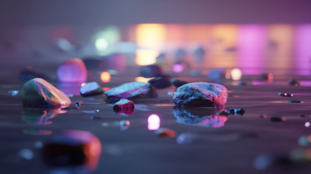 This stunning image captures colorful stones placed in water, reflecting an array of soft light. The serene setting evokes a tranquil atmosphere, perfect for relaxation and contemplation.の素材