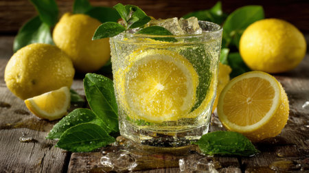 A vibrant glass of refreshing lemon beverage adorned with lemon slices and green leaves on a rustic wooden surface, evoking natural freshness.の素材