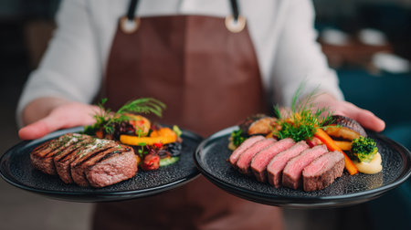 A chef elegantly presents two beautifully grilled steak dishes, complemented by a vibrant medley of fresh vegetables and herbs, showcasing gourmet dining.の素材