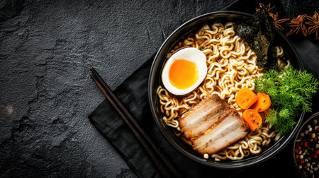 Experience a vibrant bowl of ramen noodles topped with tender pork, a soft-boiled egg, carrots, and seaweed. Perfect for food lovers.の素材