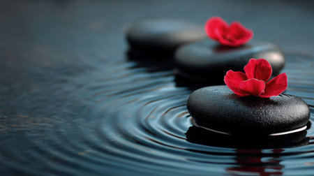 A serene arrangement featuring smooth black stones adorned with vibrant red flower petals resting on a tranquil water surface, evoking peace and relaxation.の素材