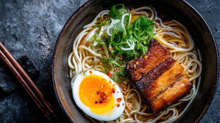 A captivating close-up of a bowl of ramen featuring soft-boiled egg, grilled pork belly, green onions, and a hint of spice, set against a rustic backdrop.の素材