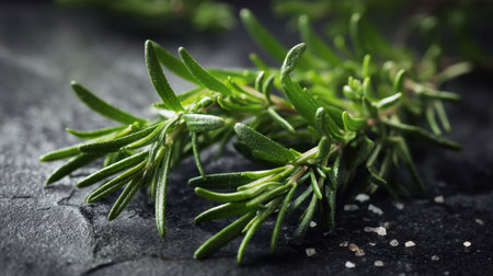 A closeup of fresh green rosemary herb leaves resting on a dark surface, lightly sprinkled with coarse sea salt, showcasing culinary potential.の素材
