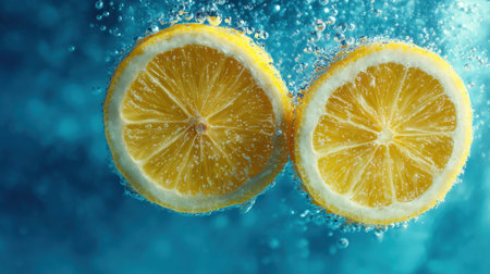 Vibrant lemon slices submerged in sparkling water create a refreshing visual. Perfect for promoting hydration and summer beverages.の素材