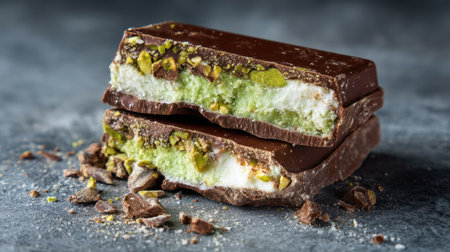 This mouthwatering chocolate bar features layers of mint filling, creamy textures, and crunchy nuts, perfect for indulgent snacking.の素材