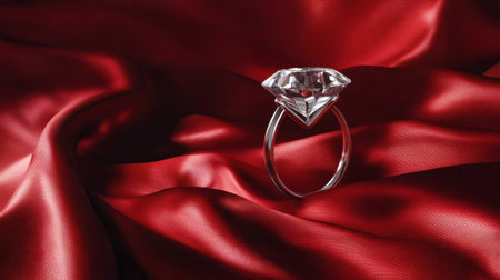 A stunning diamond engagement ring is prominently showcased on rich red satin fabric, evoking feelings of love and elegance for romantic occasions.の素材