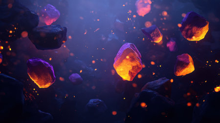 Explore a mesmerizing scene of glowing lava rocks suspended in a dark space, enhanced with dynamic particles and ethereal light effects that create a magical atmosphere.の素材