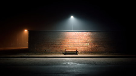 A striking scene featuring an empty bench illuminated by a streetlight in a foggy urban setting. The brick wall looms in the background, creating an atmosphere of solitude and quiet reflection. Perfect for capturing themes of loneliness and tranquility.の素材