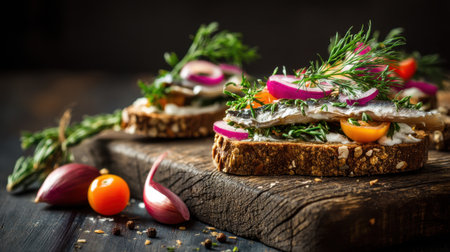 A beautifully arranged open sandwich featuring fresh herbs, colorful vegetables, and rustic breads, ideal for food photography or culinary art.の素材