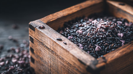 A close-up view of a rustic wooden box filled with black rice grains, highlighting their unique texture and rich color, ideal for culinary designs.の素材